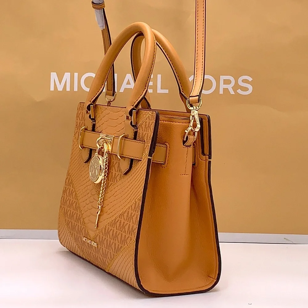 MICHAEL KORS  Hamilton Small Signature Logo and Snake Embossed Satchel Cider